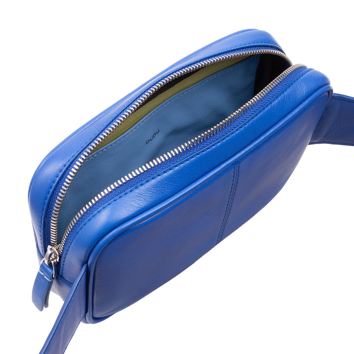 Bright blue leather crossbody bag with a zippered top opening and an adjustable strap