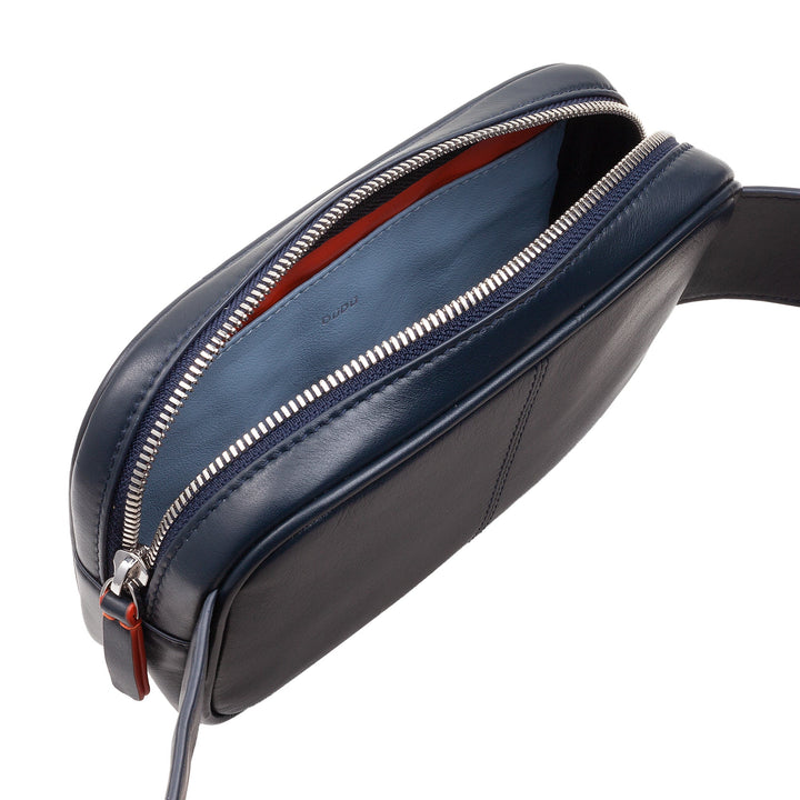 Navy blue leather shoulder bag with zippered opening and red interior lining