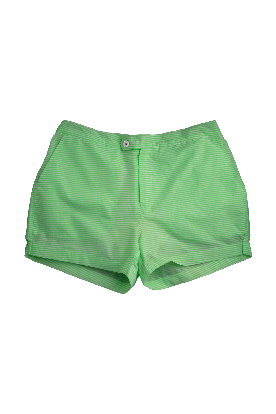 Green striped women's shorts with button closure and front pockets