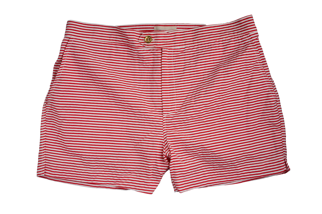 Red and white striped shorts with a single button closure
