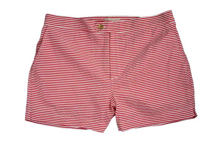 Red and white striped shorts with a single button closure