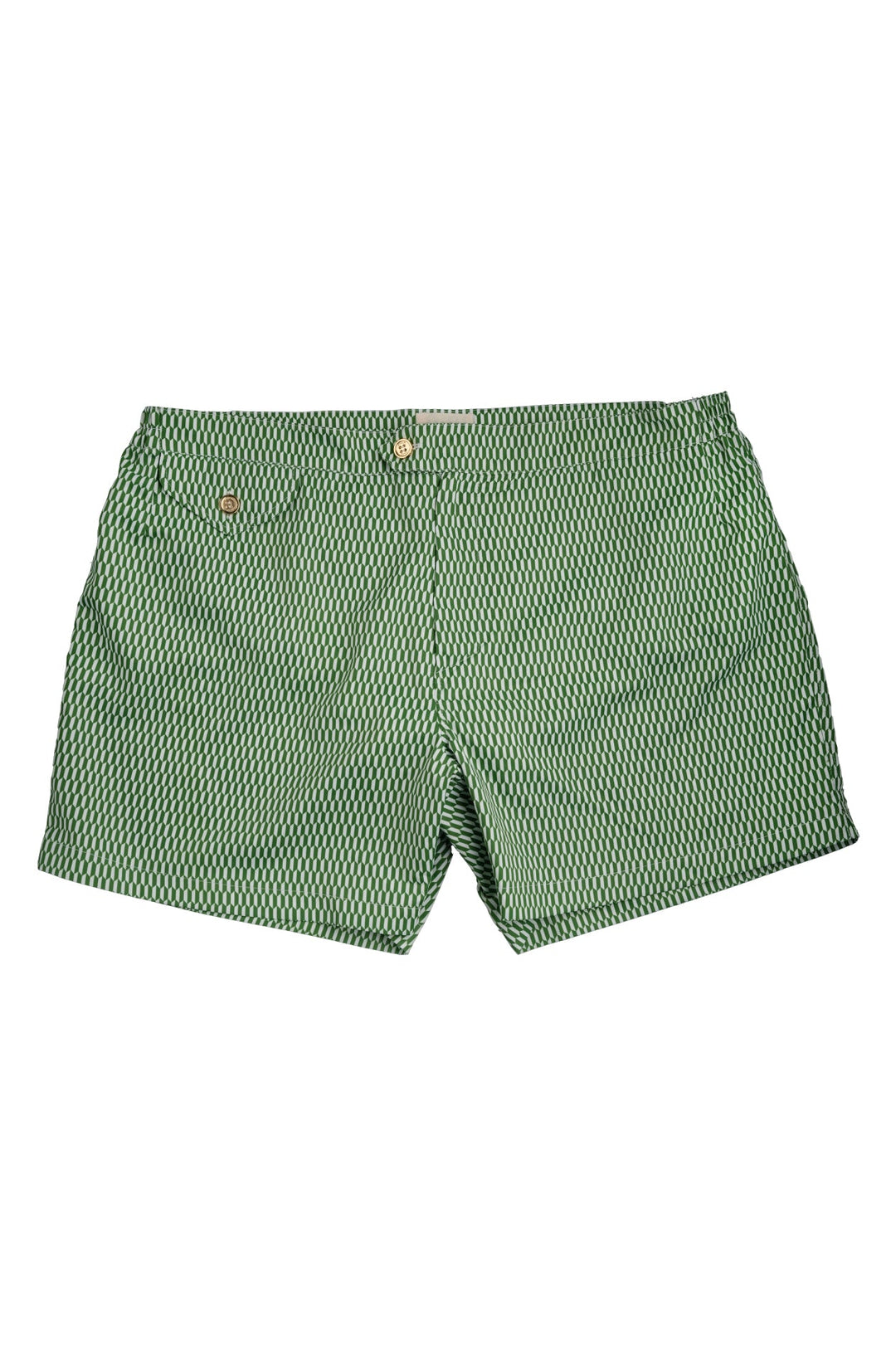 Green patterned men's swim shorts on a plain white background