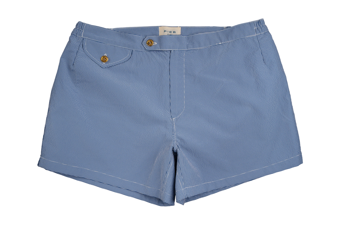 Blue checkered men's shorts with button closure