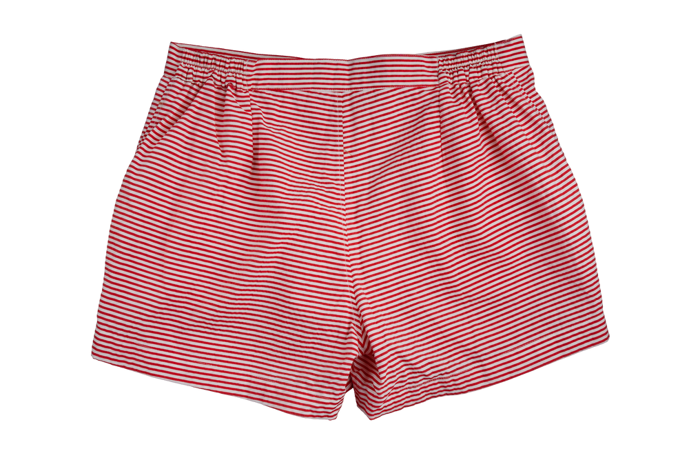Red and white striped boxer shorts with an elastic waistband