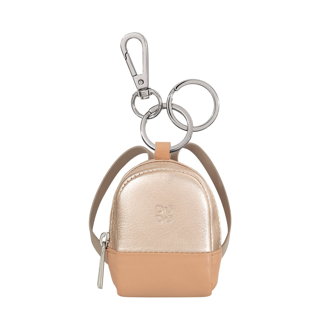 Tan and gold mini backpack keychain with key rings and carabiner