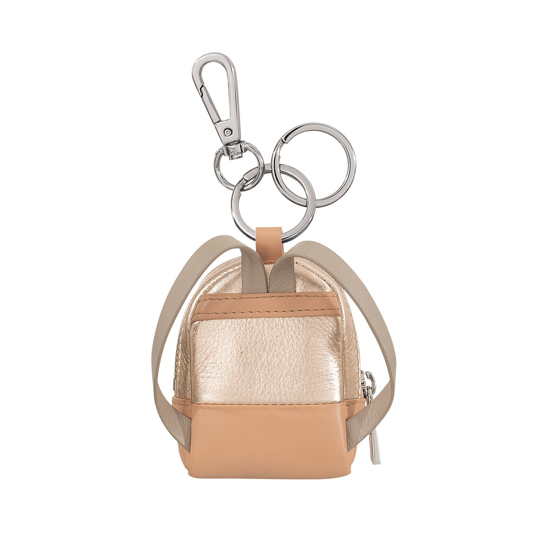 Mini gold and beige leather backpack keychain with metal clip and rings