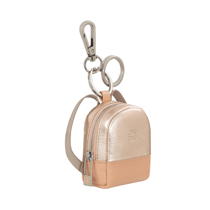 Mini beige and gold leather backpack keychain with zipper and metal clip