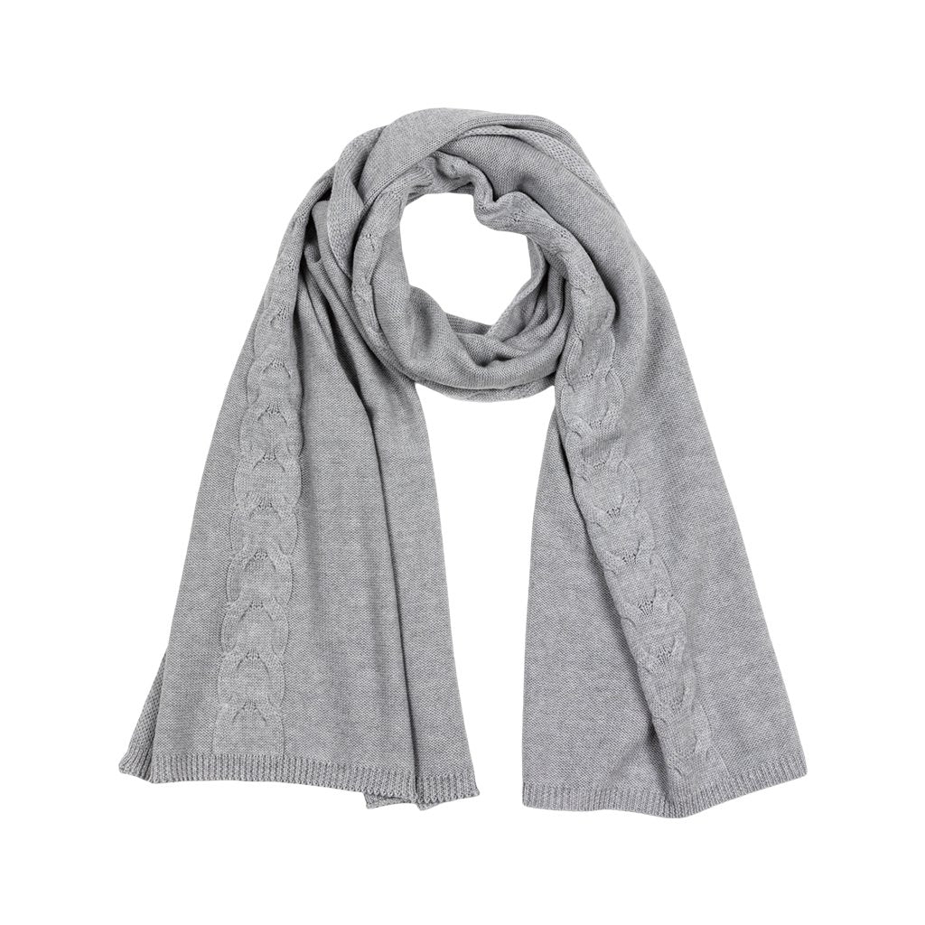 Cozy grey knitted wool scarf with cable stitch detail