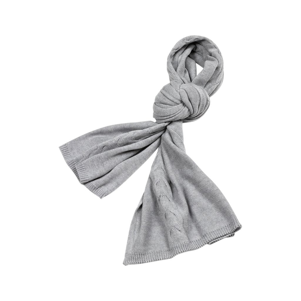 Grey wool scarf neatly knotted on white background