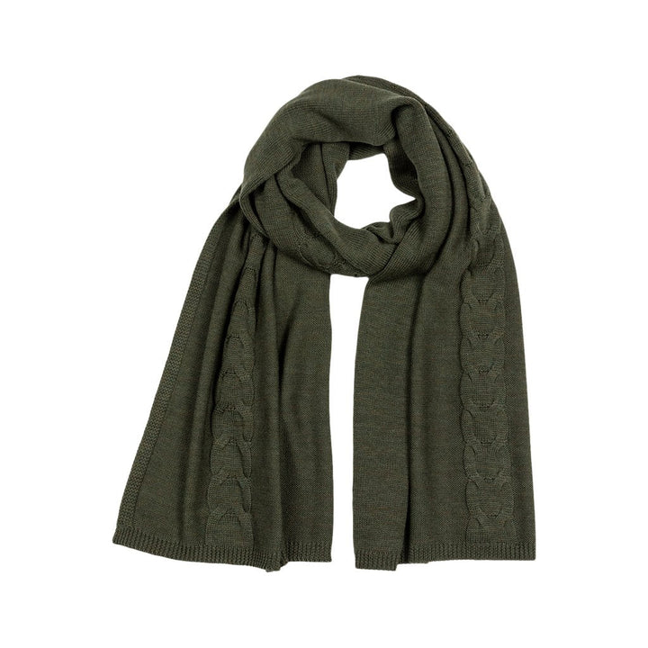 Olive green knitted scarf with cable pattern