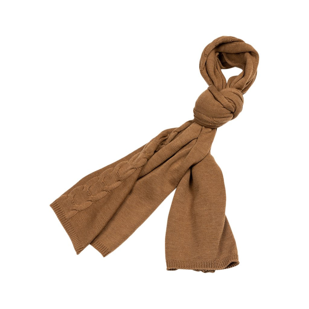 Cozy brown knitted scarf with cable knit pattern on white background
