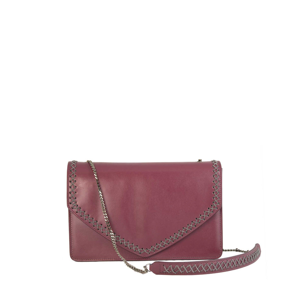 Elegant maroon leather handbag with chain strap and intricate stitching details