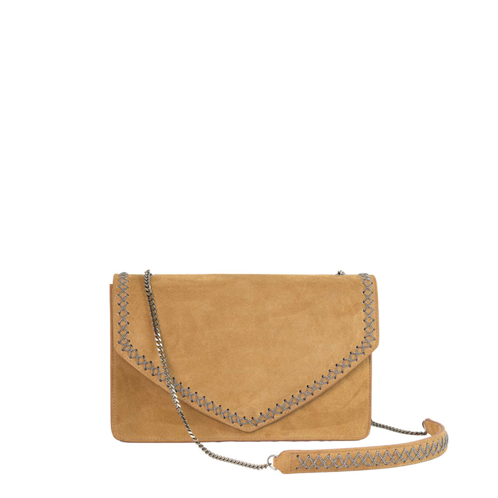 Tan suede crossbody bag with chain strap and detailed stitching