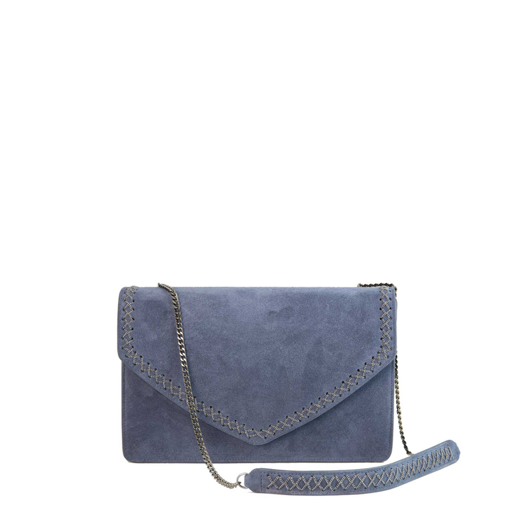 Blue suede handbag with chain strap and stitch detail