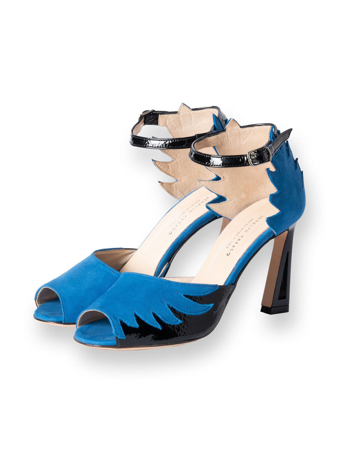 Blue and black high-heeled peep-toe shoes with ankle strap and wing-like design