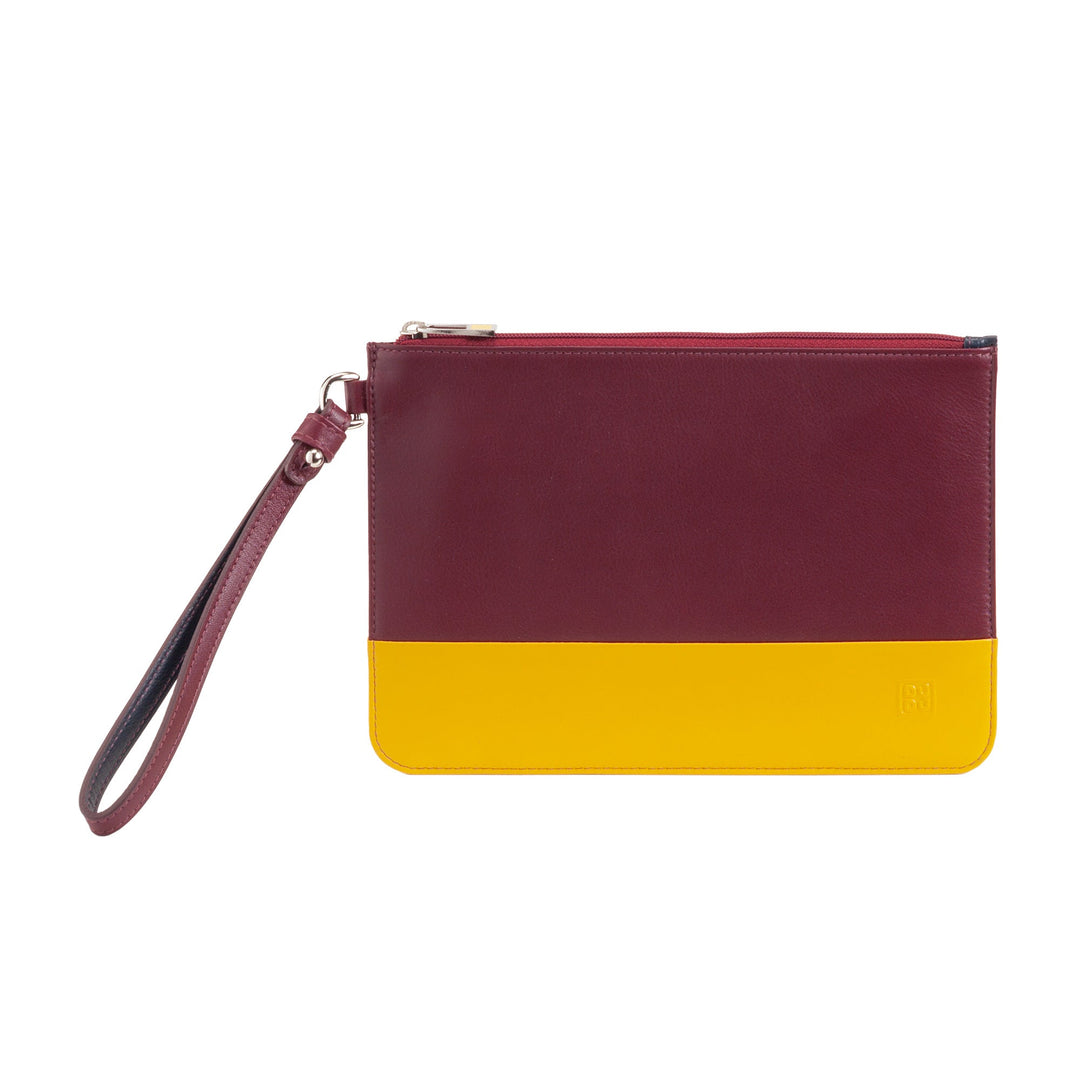 Two-tone maroon and yellow wristlet clutch bag with a zipper closure
