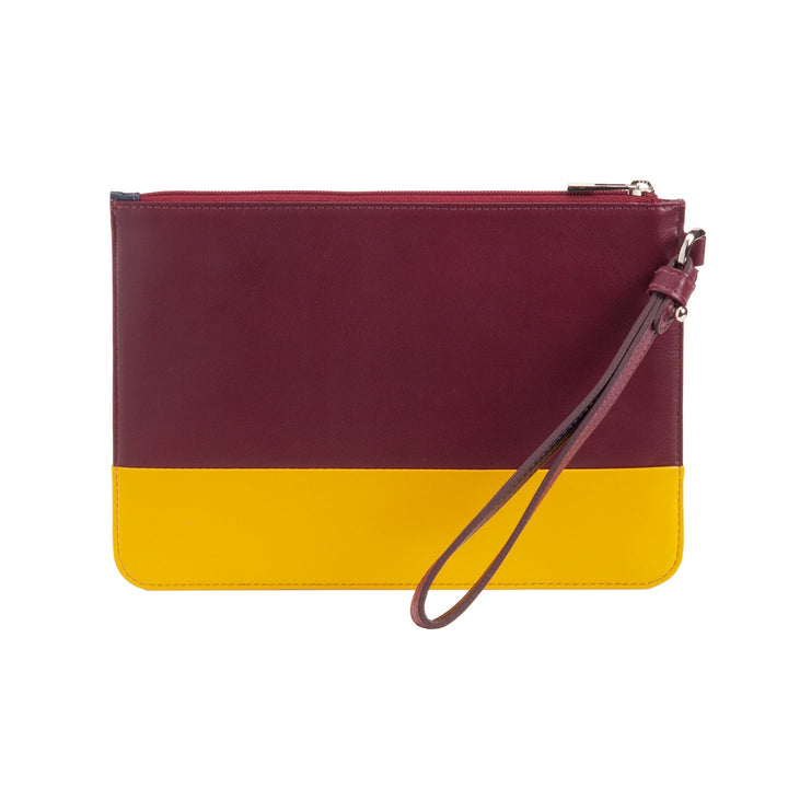 Two-tone maroon and yellow leather wristlet clutch