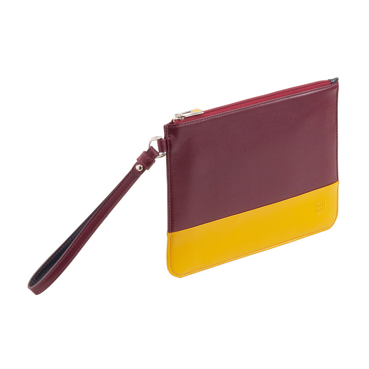 Maroon and yellow leather wristlet clutch bag with zipper closure