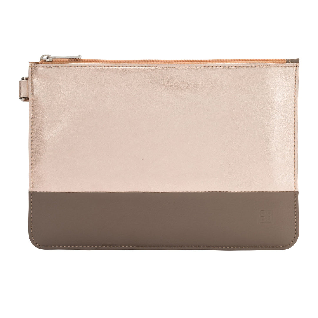 Two-tone leather clutch bag with zipper closure in beige and taupe