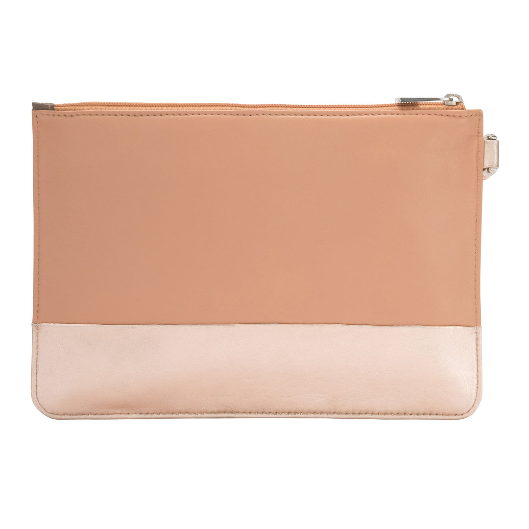 Tan and cream color-block leather clutch purse with zipper