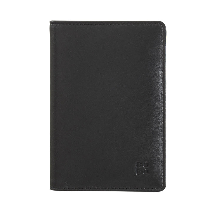 Black leather passport holder with embossed logo