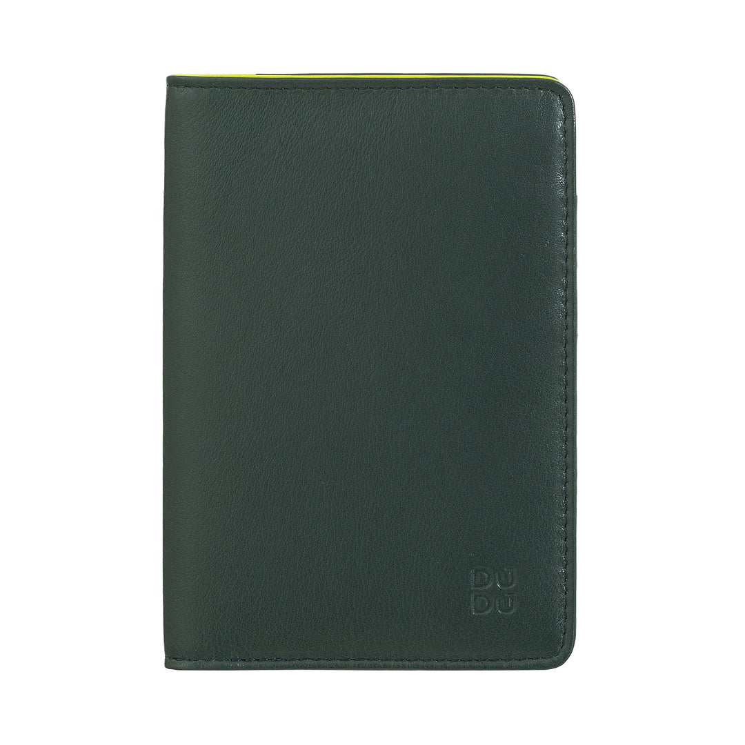 Dark green leather passport holder against white background