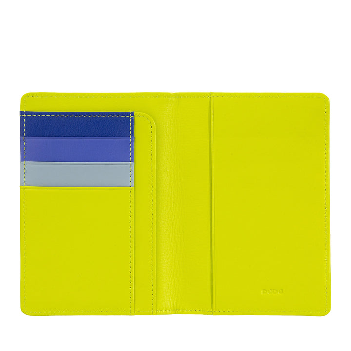 Bright yellow leather wallet with blue and grey card slots