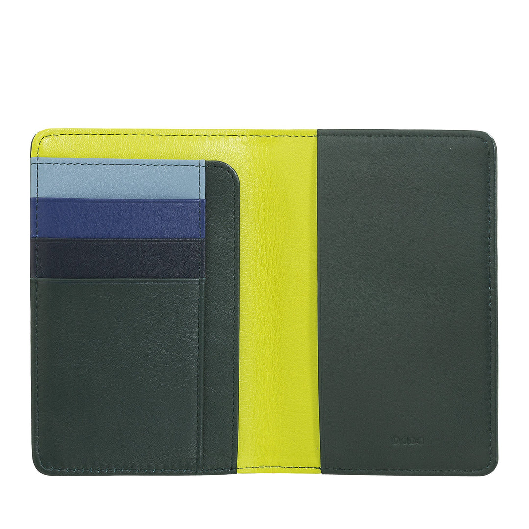 Open green, blue, and yellow leather wallet with multiple card slots