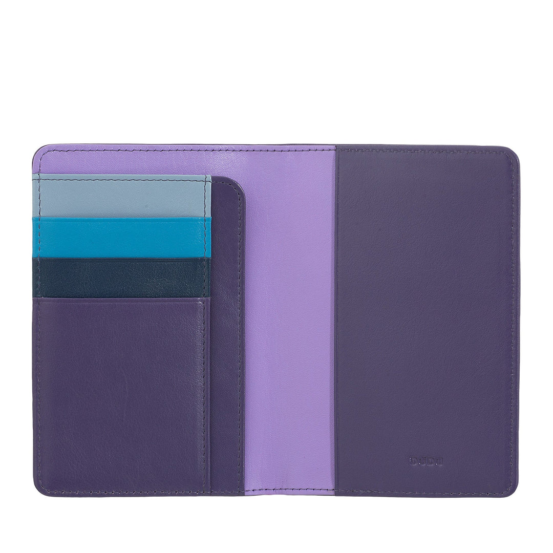 Purple leather wallet with multicolored card slots