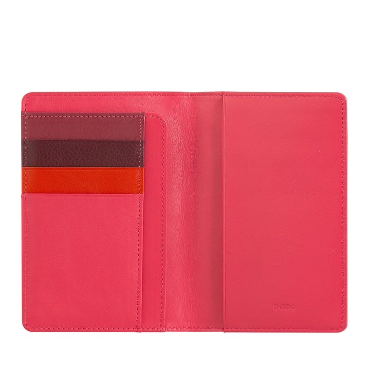 Open pink leather wallet with card slots and compartments