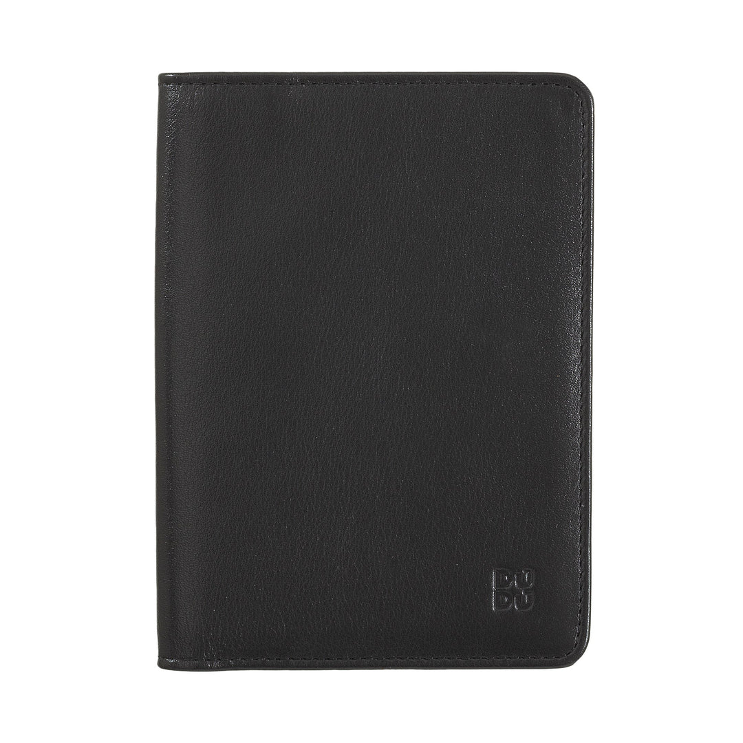 Black leather passport holder against a white background