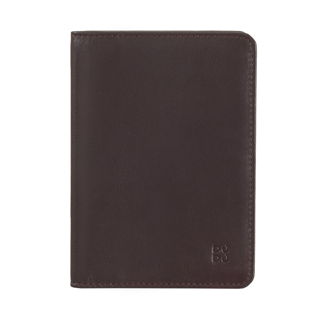 Dark brown leather passport holder on a white background