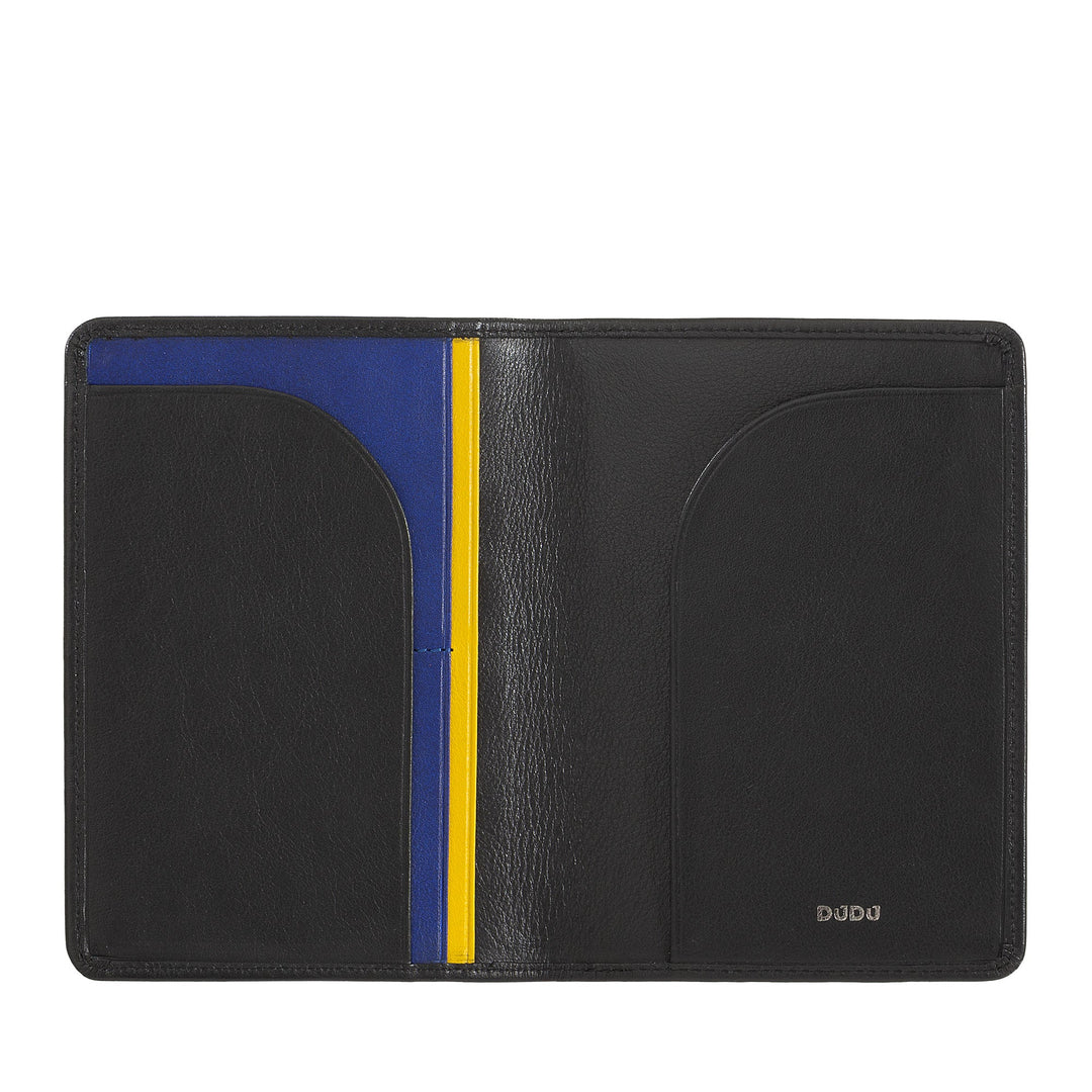 Black leather wallet with blue and yellow interior design