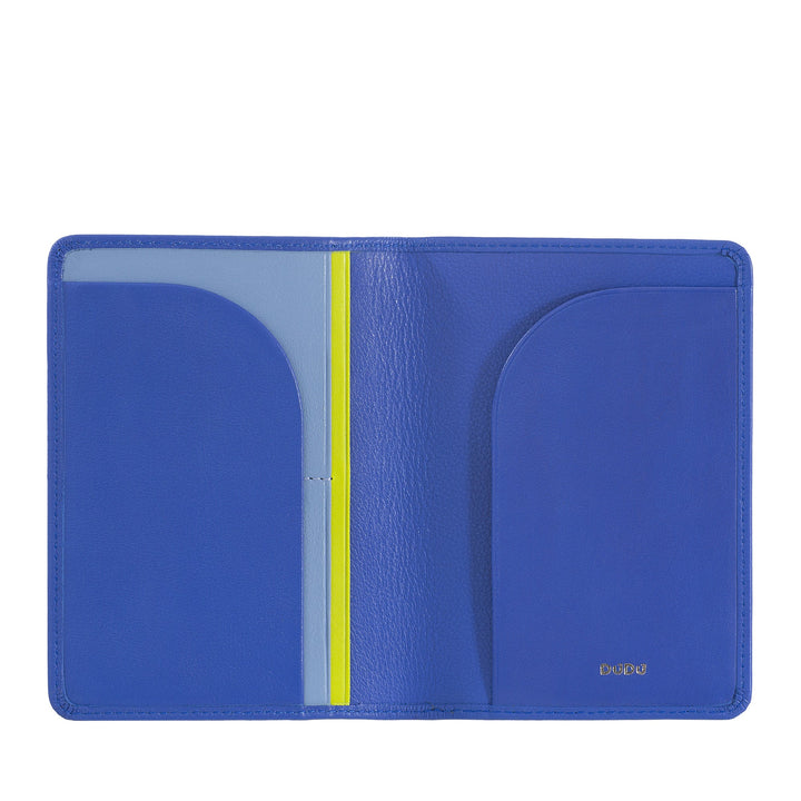 Blue leather bifold wallet with multiple card slots