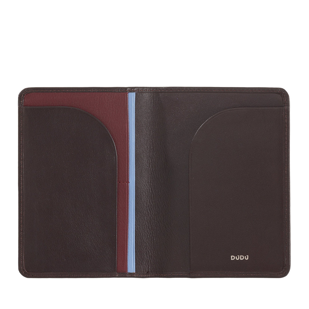 Open dark brown leather wallet with card slots and 'DUDU' brand embossing