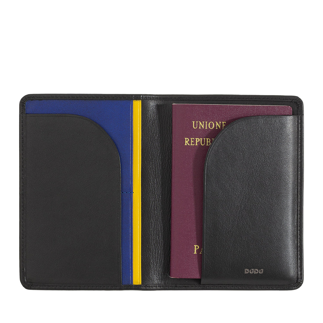 Black leather passport holder with passport and slots for cards