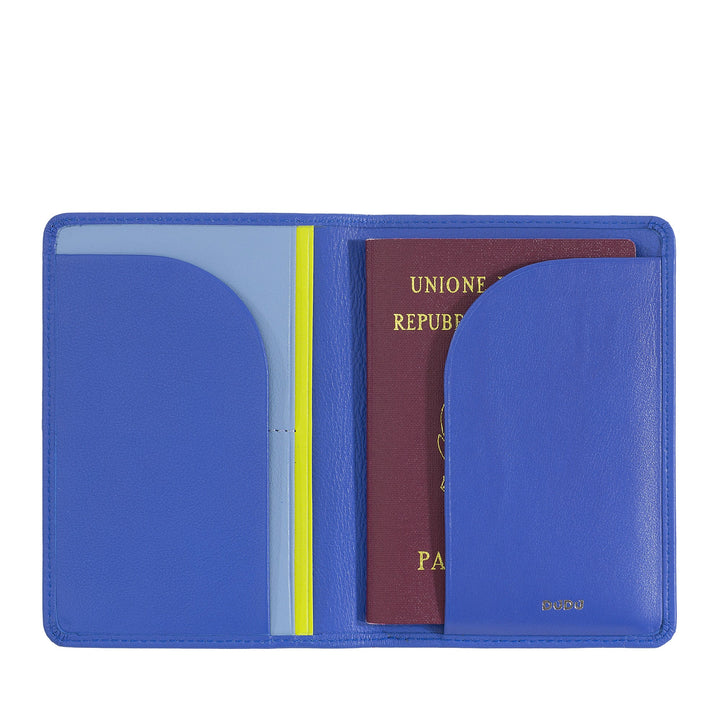 Blue leather passport holder with a passport inside