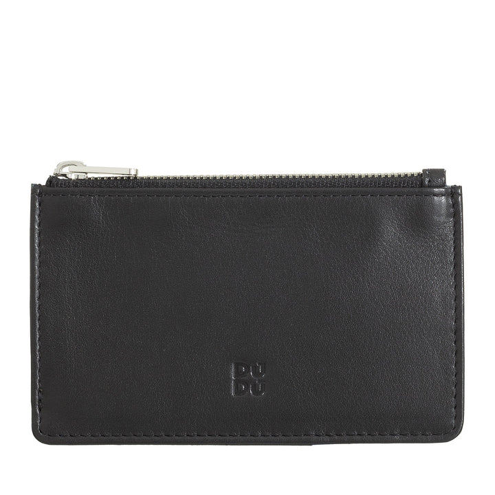 Black leather zippered card holder with DUDU embossed logo
