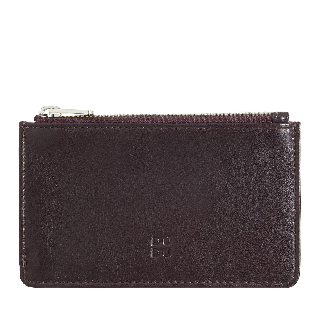 Dark brown leather wallet with zipper closure and embossed logo