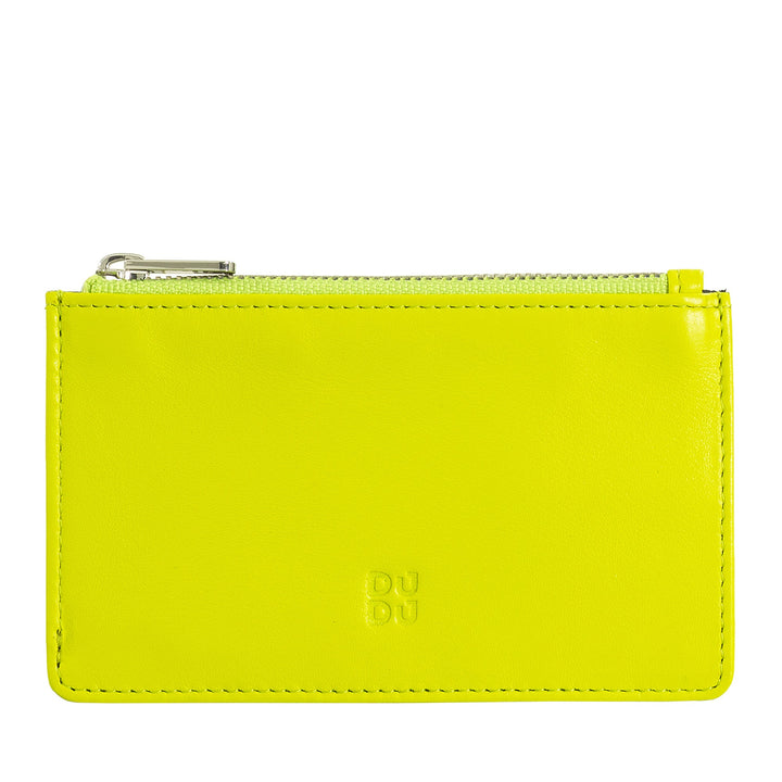Bright yellow leather coin purse with zipper closure and embossed DuDu logo