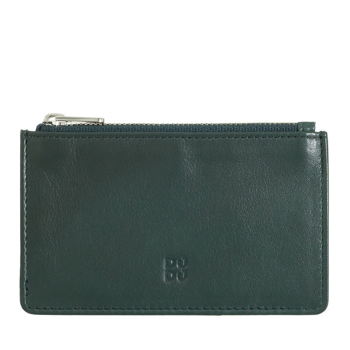Green leather zippered cardholder with embossed logo