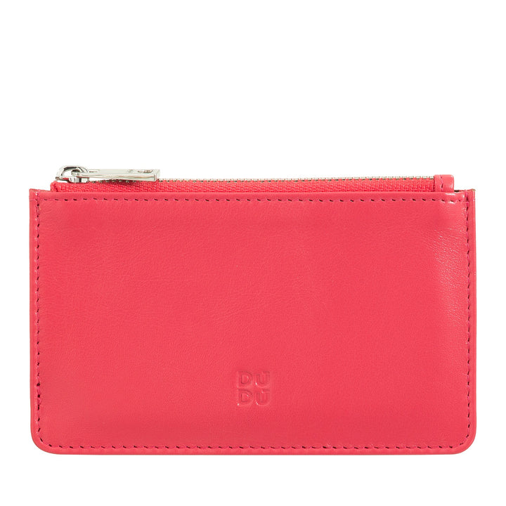 Red leather coin purse with zipper closure and embossed logo