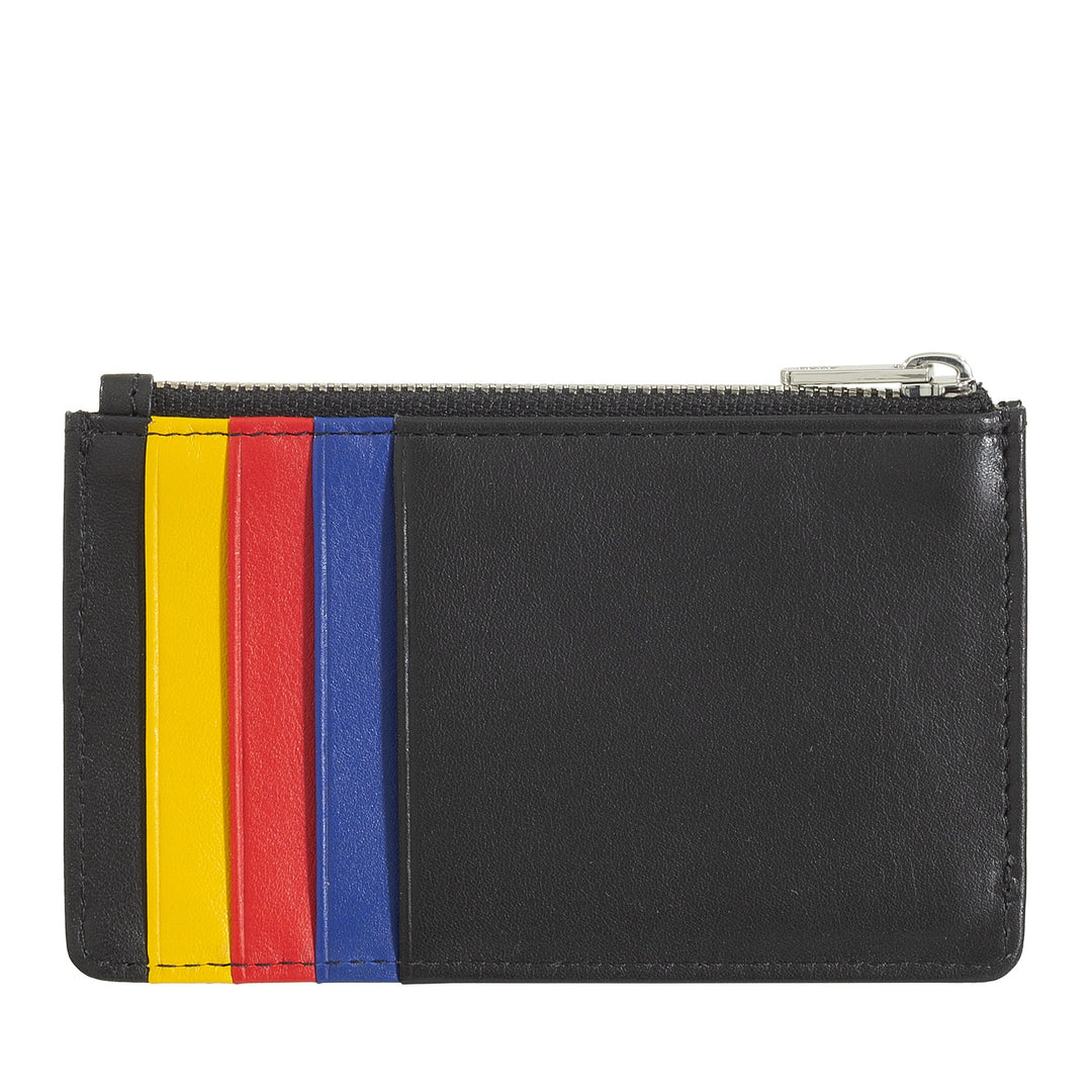 Black leather card holder with yellow, red, and blue stripe accents and zipper closure