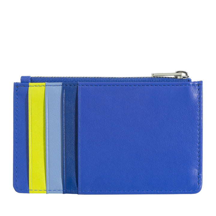 Blue leather card holder with zipper and multiple card slots