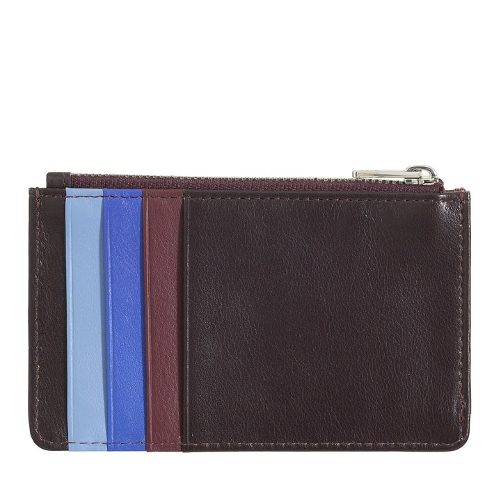 Dark brown leather card holder with zipper and multicolor card slots