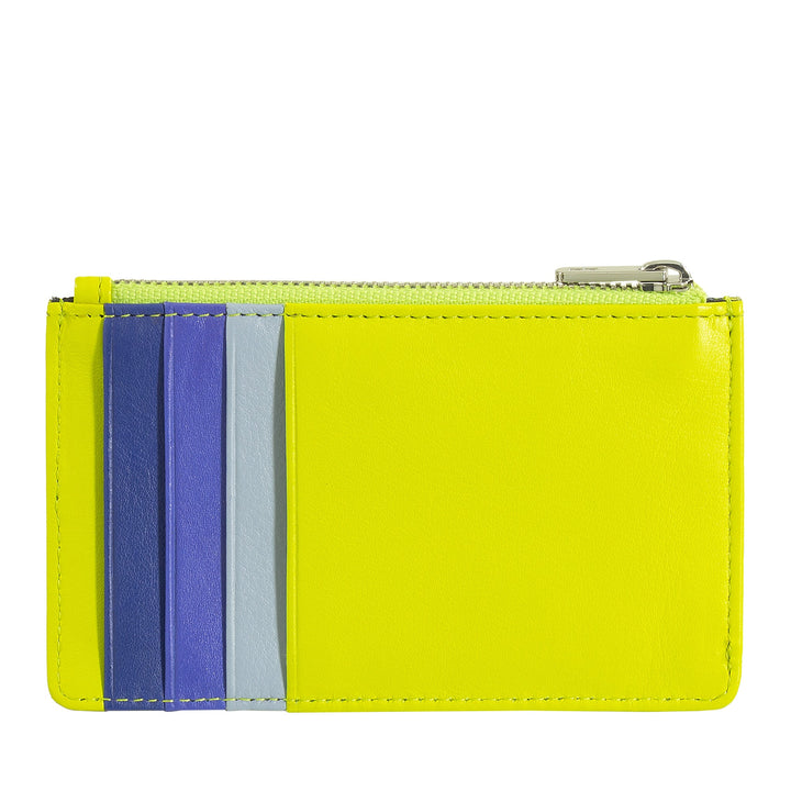 Bright yellow leather wallet with blue and gray card slots and a zipper closure