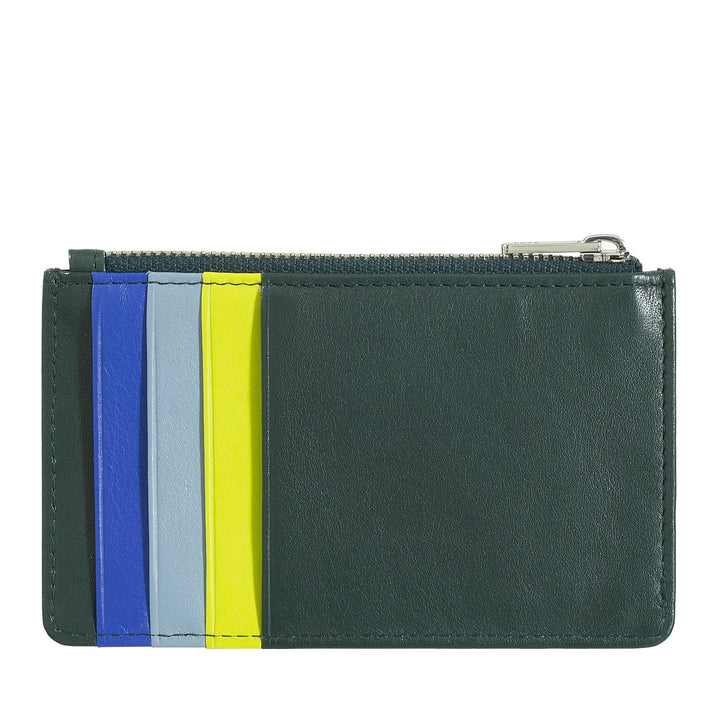 Green leather cardholder with multiple colorful card slots