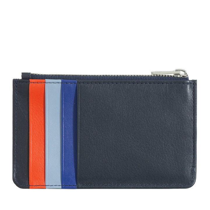 Blue leather wallet with colorful stripes and zipper