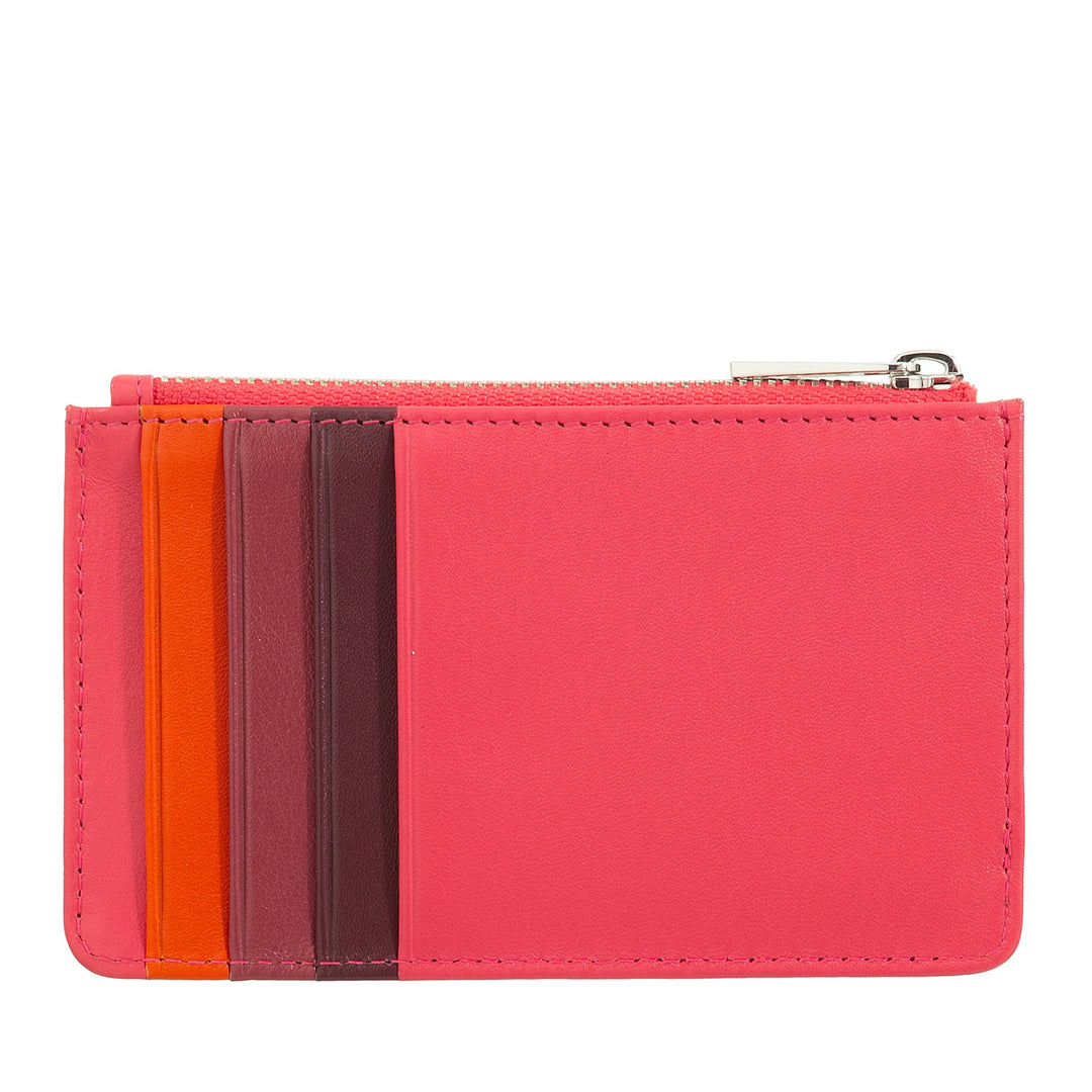 Pink leather card holder with zipper and multiple colored slots
