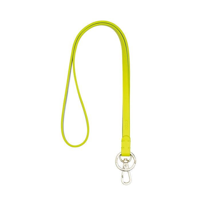 Bright yellow silicone lanyard with keyring and metal clip on white background